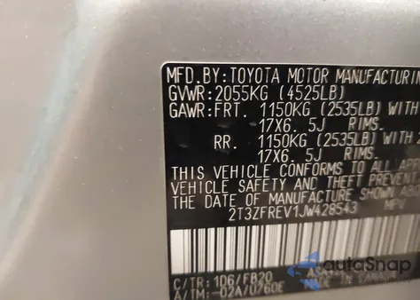 2018 Toyota Rav4 Le из США, поврежденный, VIN 2T3ZFREV1JW428543